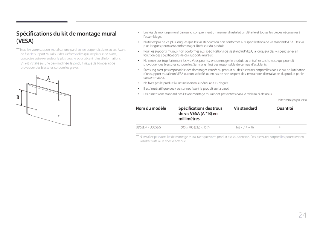 Samsung LH55UDEPLBB/EN manual Spécifications du kit de montage mural Vesa, Nom du modèle Spécifications des trous, Quantité 