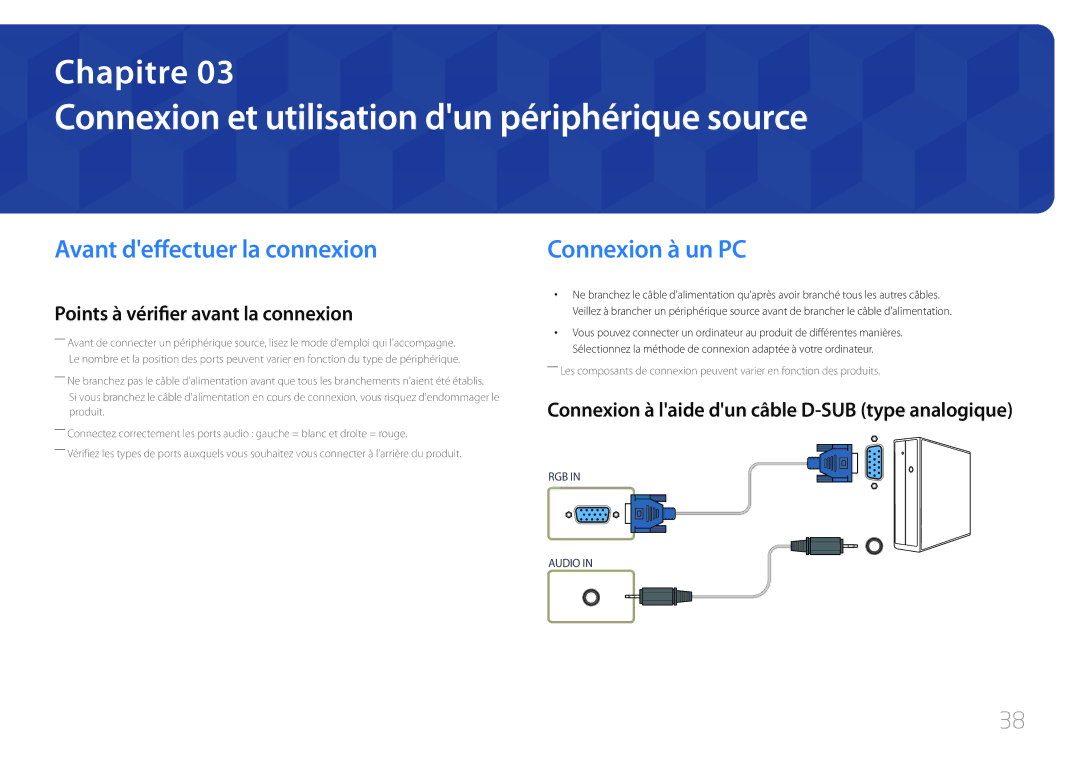 Samsung LH55UDEPLBB/EN Connexion et utilisation dun périphérique source, Avant deffectuer la connexion, Connexion à un PC 