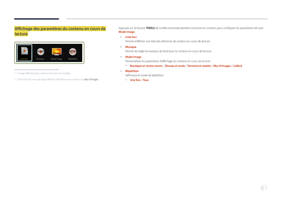 Samsung LH55UDEOLBB/EN manual Affichage des paramètres du contenu en cours de lecture, Liste lect, Musique, Mode Image 