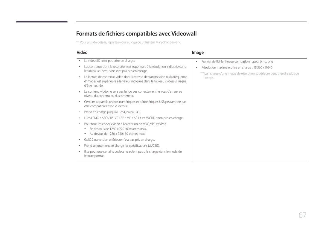 Samsung LH55UDEOLBB/EN, LH55UDEPLBB/EN manual Formats de fichiers compatibles avec Videowall, Vidéo 