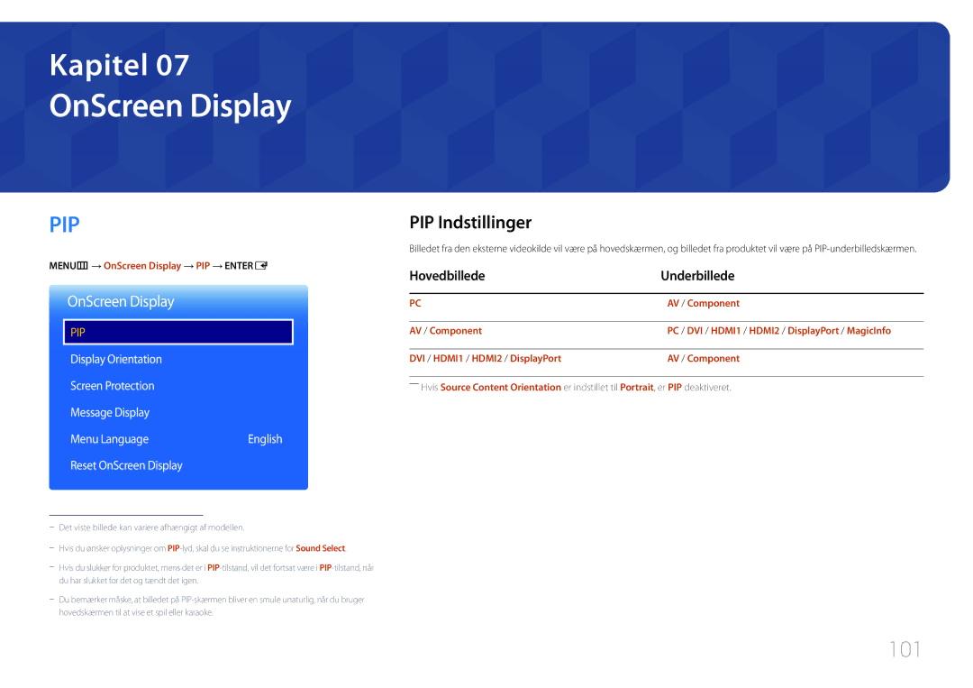 Samsung LH55UDEPLBB/EN manual OnScreen Display, 101, PIP Indstillinger, Hovedbillede Underbillede 