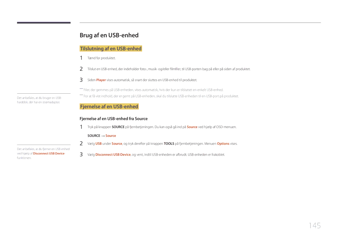 Samsung LH55UDEPLBB/EN manual 145, Brug af en USB-enhed, Tilslutning af en USB-enhed, Fjernelse af en USB-enhed 
