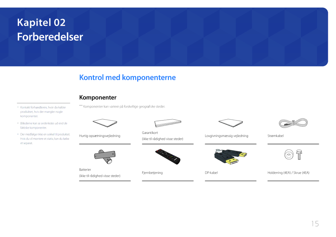 Samsung LH55UDEPLBB/EN manual Forberedelser, Kontrol med komponenterne, Komponenter, Fjernbetjening 