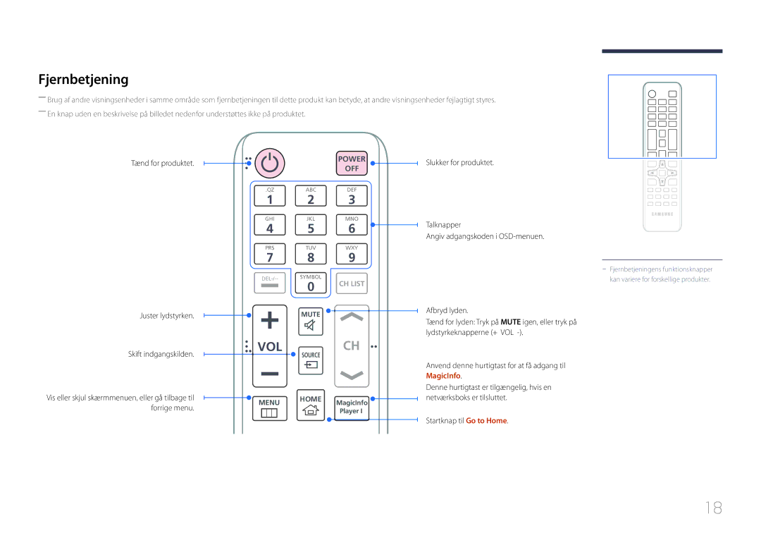 Samsung LH55UDEPLBB/EN manual Fjernbetjening, Tænd for produktet Juster lydstyrken, Skift indgangskilden 