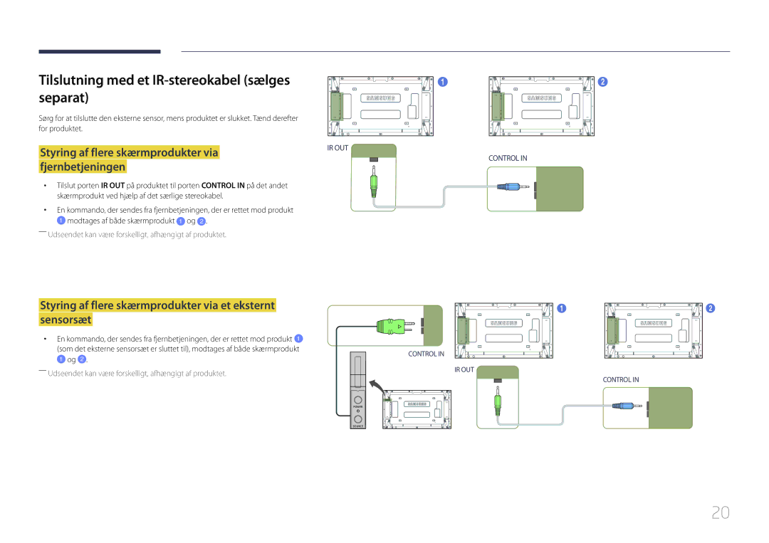 Samsung LH55UDEPLBB/EN manual Tilslutning med et IR-stereokabel sælges separat 