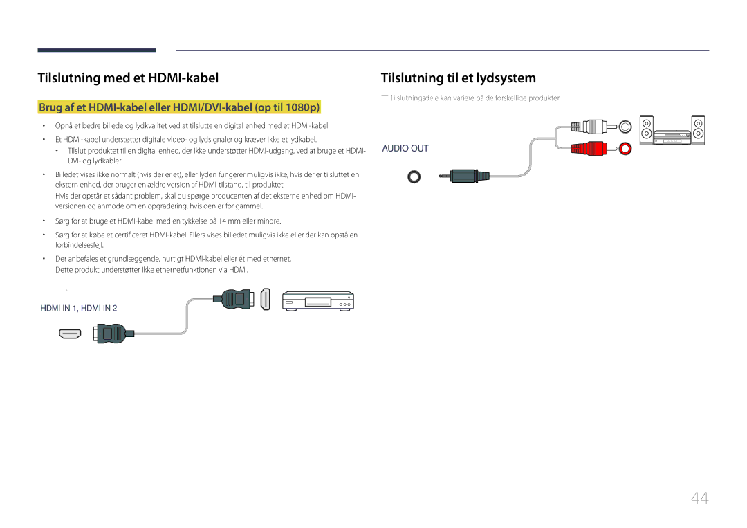 Samsung LH55UDEPLBB/EN manual Tilslutning til et lydsystem, Brug af et HDMI-kabel eller HDMI/DVI-kabel op til 1080p 