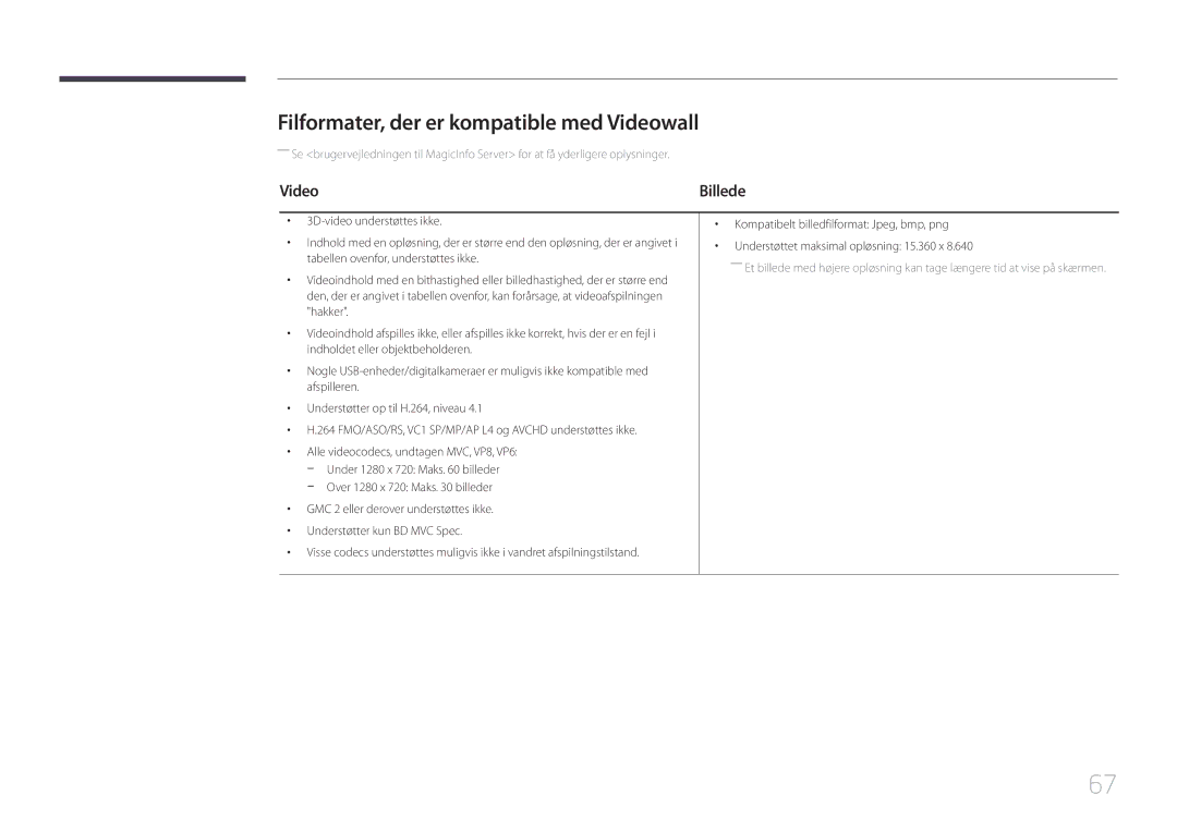 Samsung LH55UDEPLBB/EN manual Filformater, der er kompatible med Videowall 