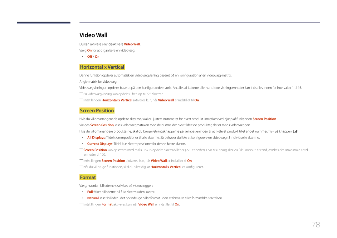 Samsung LH55UDEPLBB/EN manual Video Wall, Horizontal x Vertical, Screen Position, Format, Off / On 