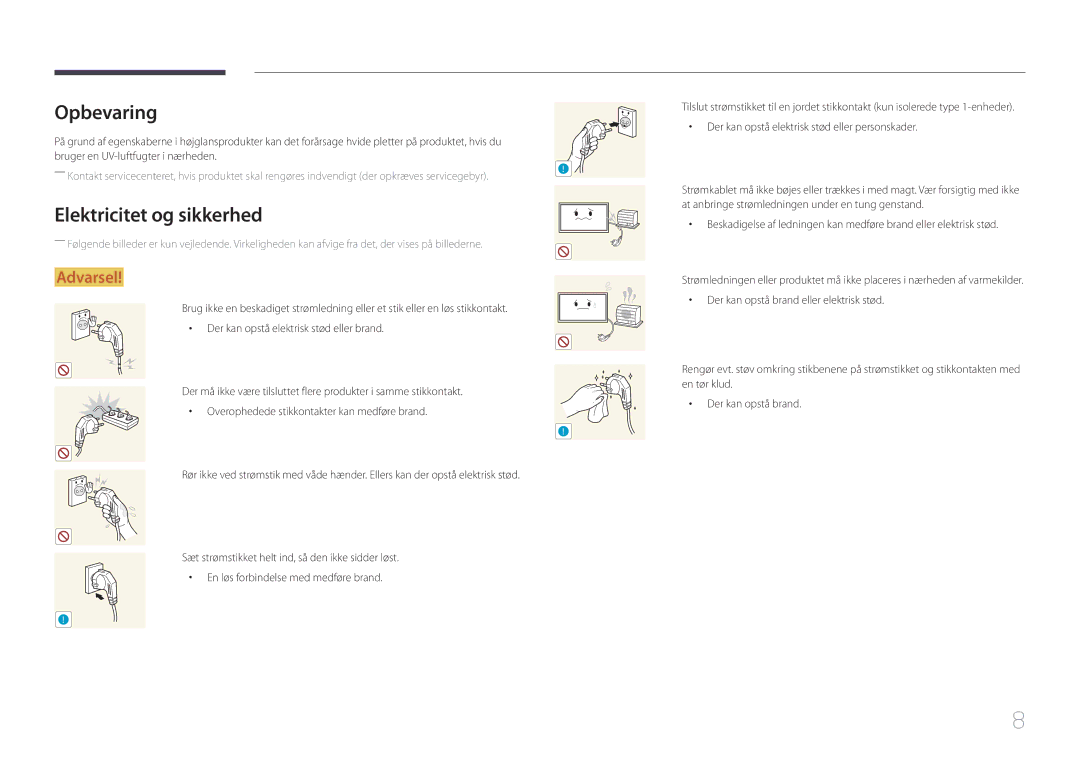 Samsung LH55UDEPLBB/EN manual Opbevaring, Elektricitet og sikkerhed 