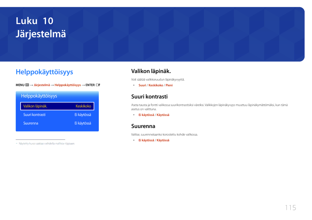 Samsung LH55UDEPLBB/EN manual Järjestelmä, Helppokäyttöisyys, 115 