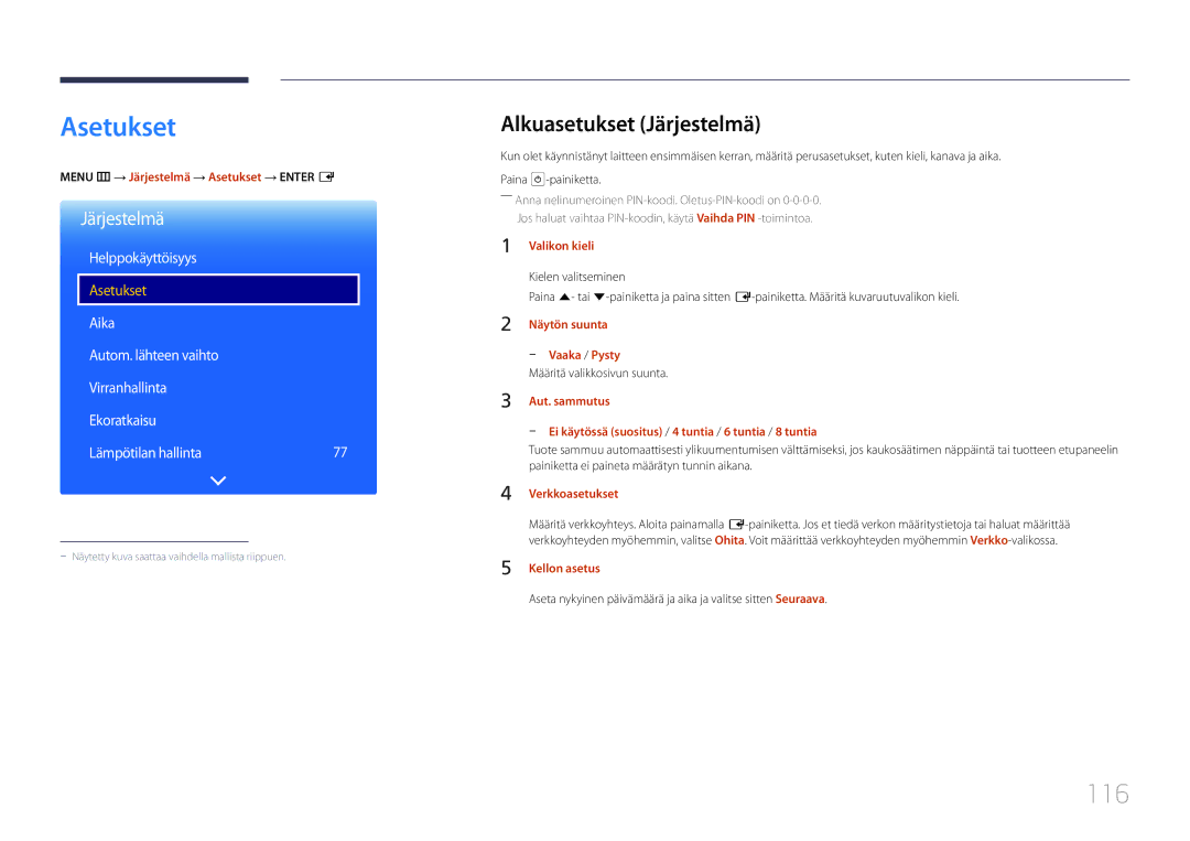 Samsung LH55UDEPLBB/EN manual Asetukset, 116, Alkuasetukset Järjestelmä, Helppokäyttöisyys 