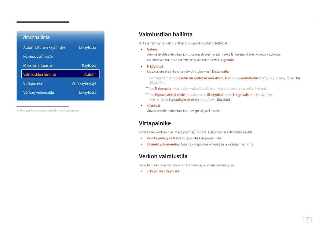 Samsung LH55UDEPLBB/EN manual 121, Valmiustilan hallinta, Virtapainike, Verkon valmiustila, Autom 