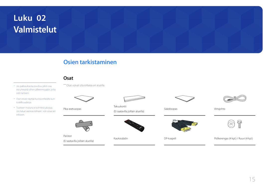 Samsung LH55UDEPLBB/EN manual Valmistelut, Osien tarkistaminen, Osat, Takuukortti, Säädösopas 