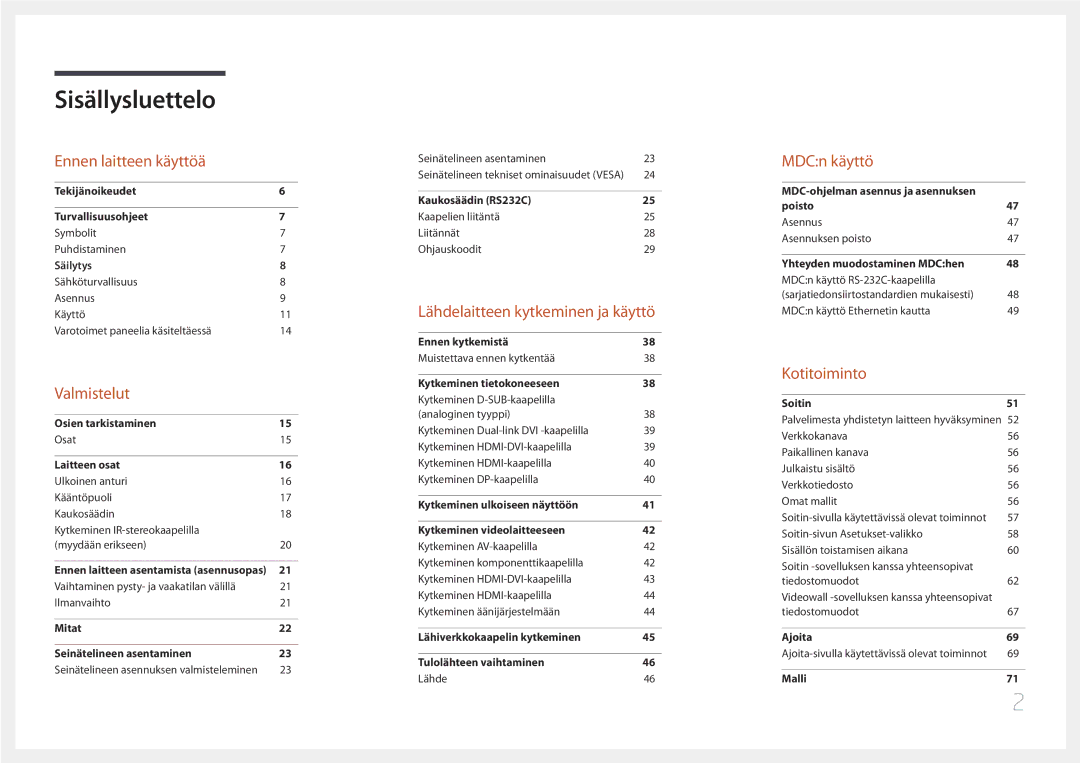 Samsung LH55UDEPLBB/EN manual Sisällysluettelo 