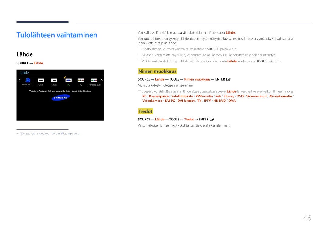 Samsung LH55UDEPLBB/EN manual Tulolähteen vaihtaminen, Lähde, Nimen muokkaus, Tiedot 