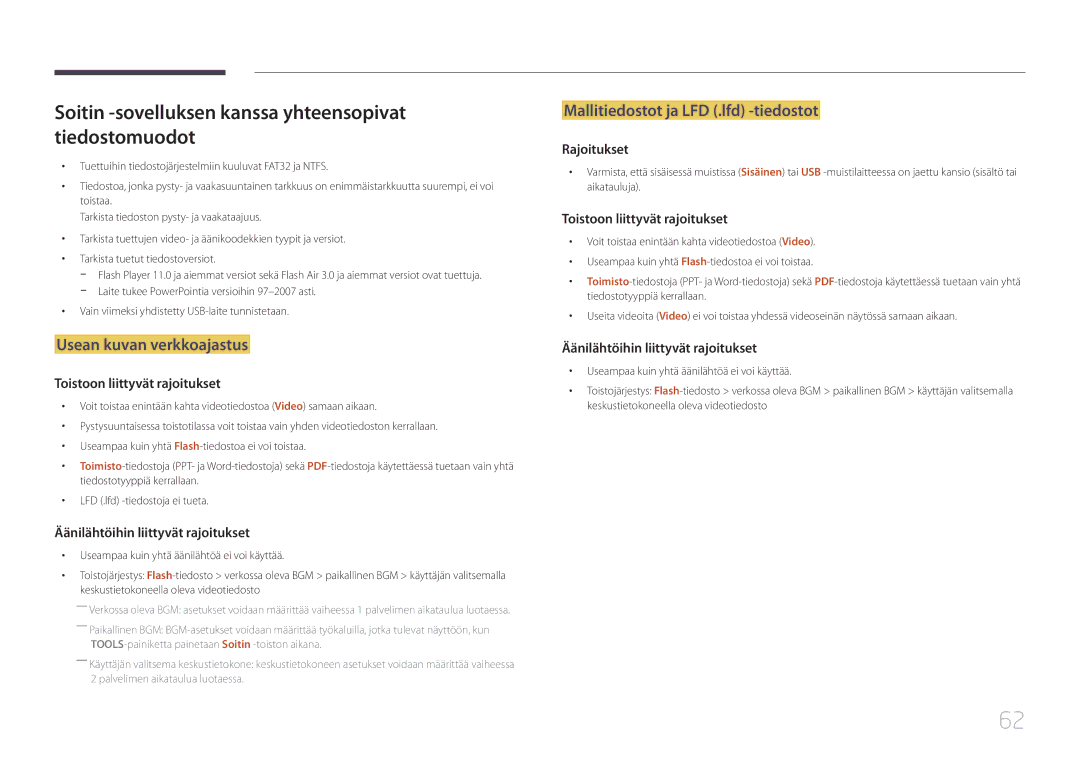 Samsung LH55UDEPLBB/EN manual Soitin -sovelluksen kanssa yhteensopivat tiedostomuodot, Usean kuvan verkkoajastus 