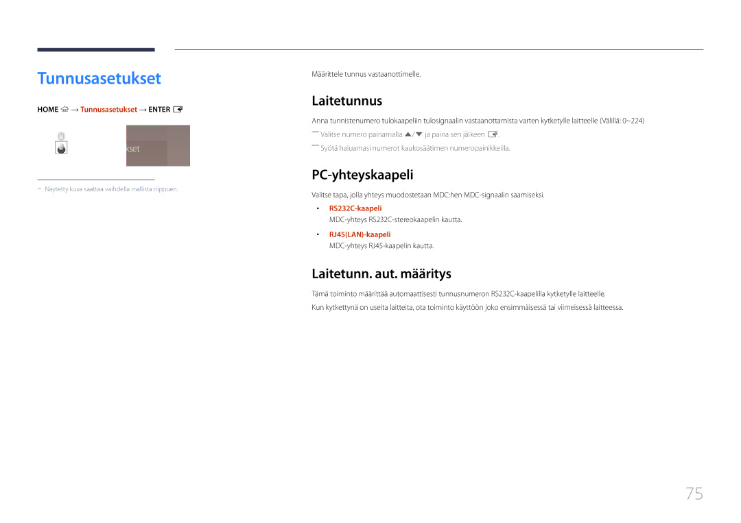 Samsung LH55UDEPLBB/EN manual Tunnusasetukset, Laitetunnus, PC-yhteyskaapeli, Laitetunn. aut. määritys 