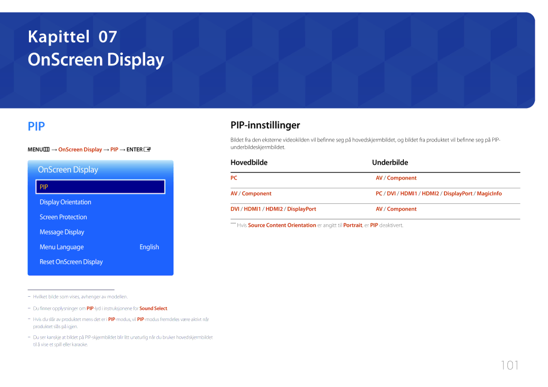 Samsung LH55UDEPLBB/EN manual OnScreen Display, 101, PIP-innstillinger, Hovedbilde Underbilde 