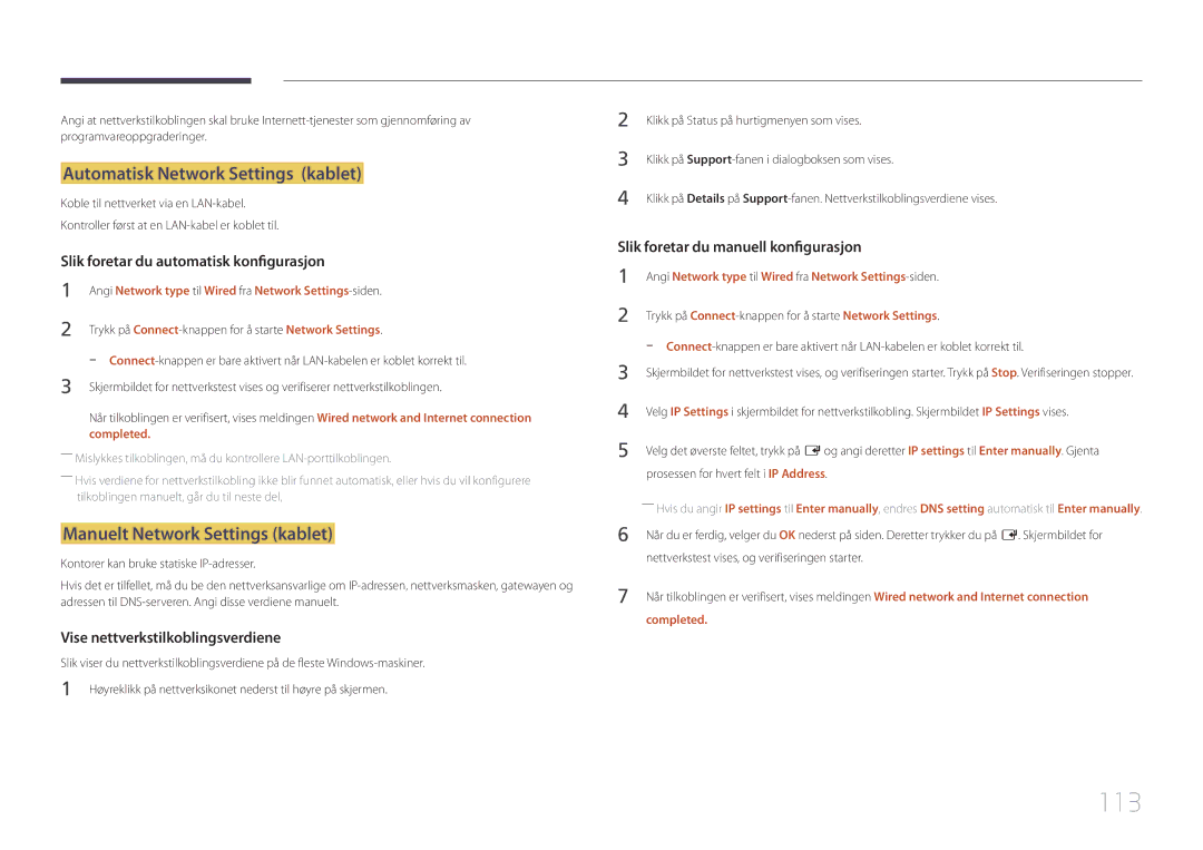 Samsung LH55UDEPLBB/EN manual 113, Automatisk Network Settings kablet, Manuelt Network Settings kablet, Completed 