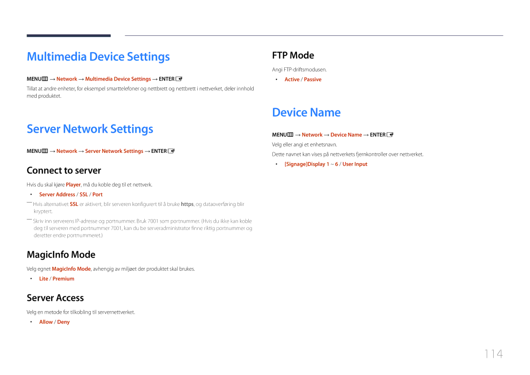 Samsung LH55UDEPLBB/EN manual Multimedia Device Settings, Server Network Settings, Device Name, 114 