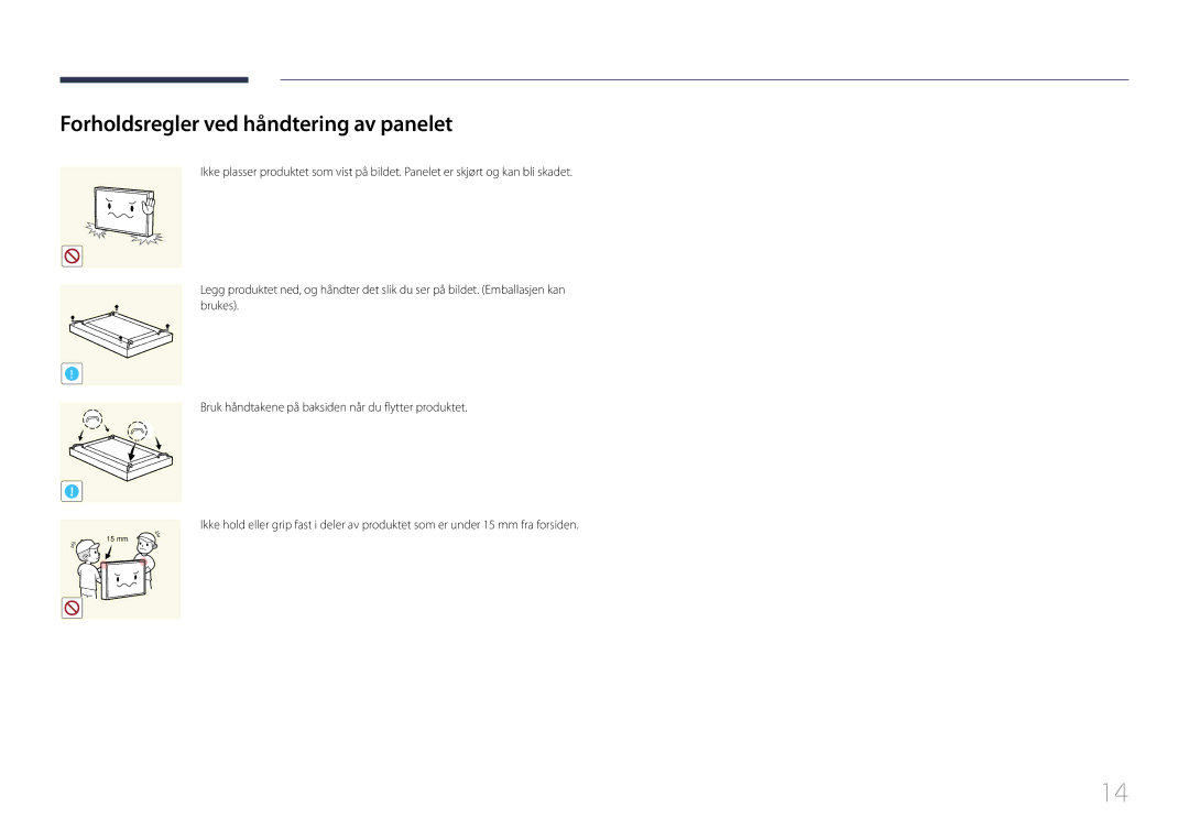 Samsung LH55UDEPLBB/EN manual Forholdsregler ved håndtering av panelet 
