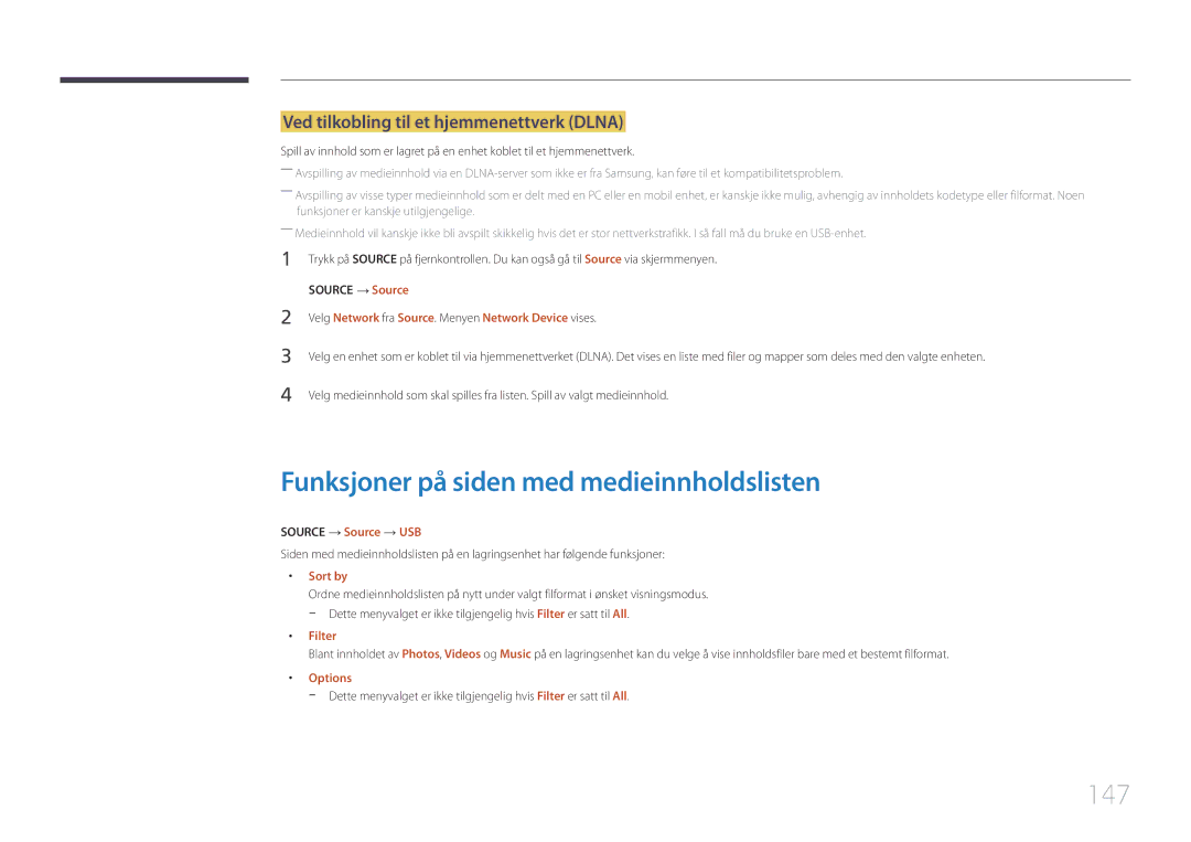 Samsung LH55UDEPLBB/EN manual Funksjoner på siden med medieinnholdslisten, 147, Ved tilkobling til et hjemmenettverk Dlna 