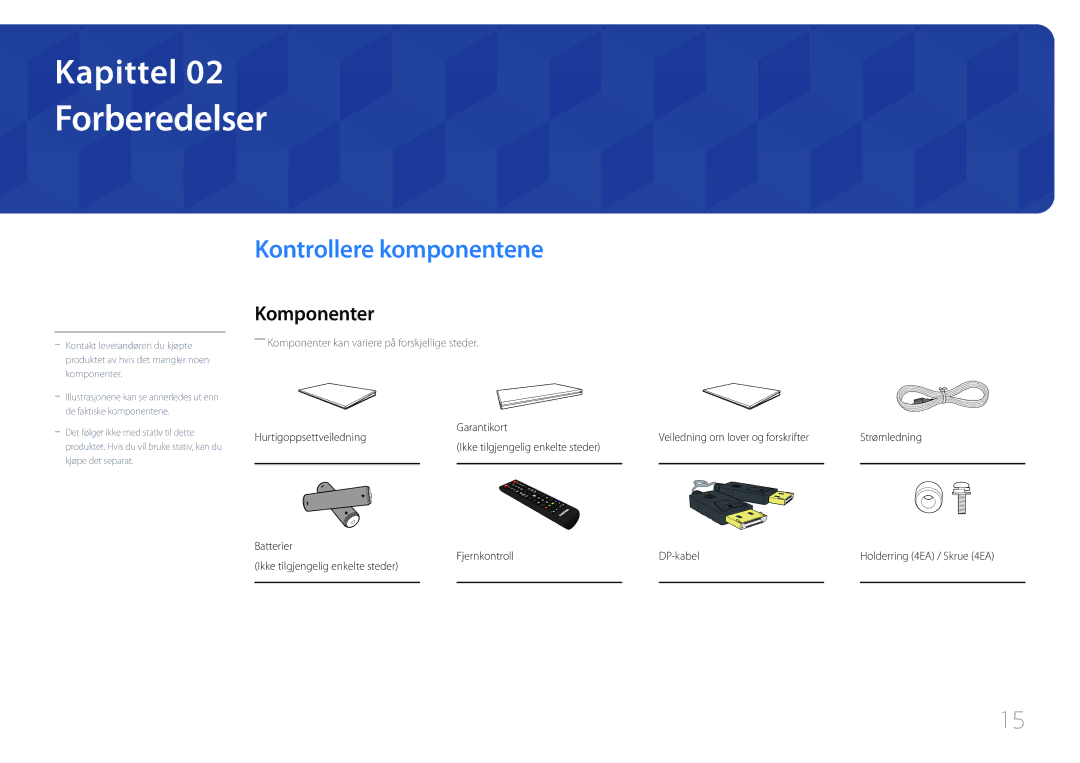 Samsung LH55UDEPLBB/EN manual Forberedelser, Kontrollere komponentene, Komponenter, Fjernkontroll 