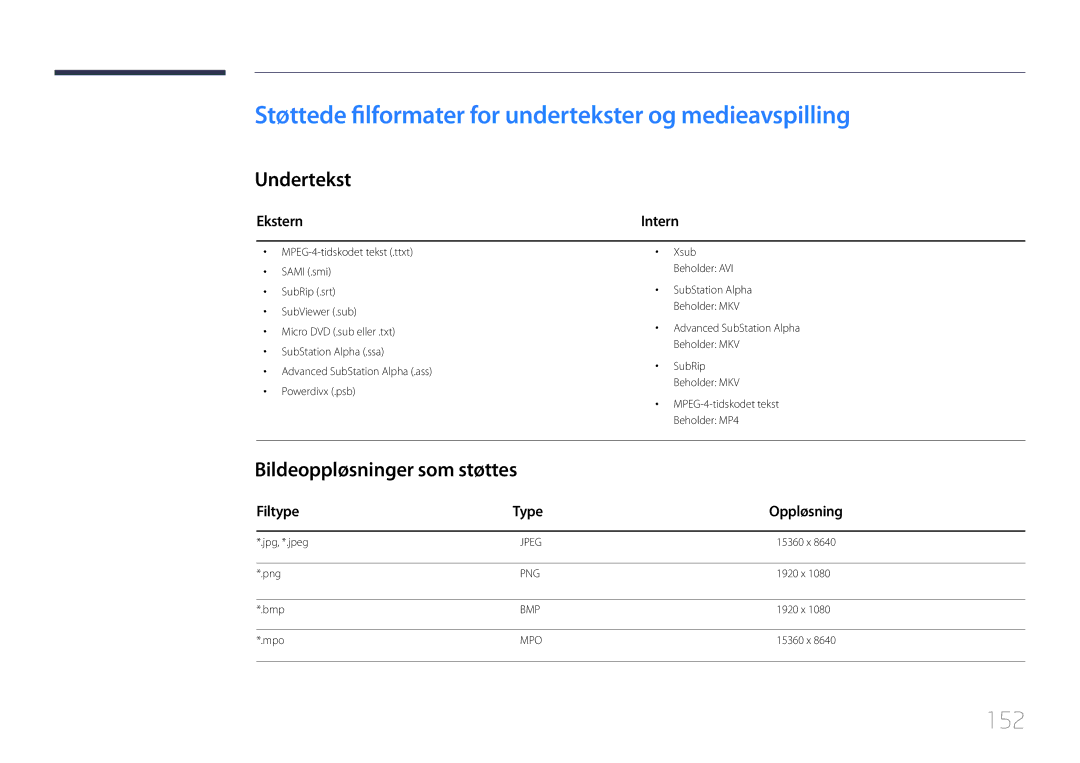 Samsung LH55UDEPLBB/EN manual Støttede filformater for undertekster og medieavspilling, 152, Undertekst 