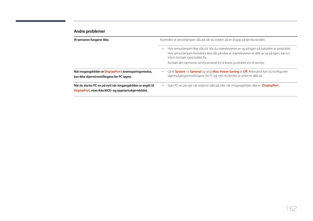 Samsung LH55UDEPLBB/EN manual 162, IR-sensoren fungerer ikke, Kan ikke skjerminnstillingene for PC lagres 