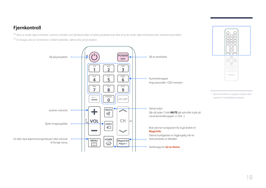 Samsung LH55UDEPLBB/EN manual Fjernkontroll, Slå på produktet Justerer volumet, Bytte inngangskilde 