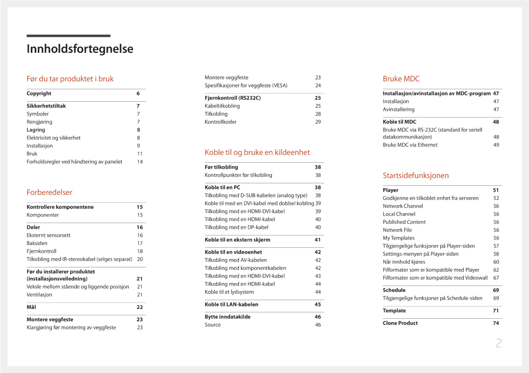 Samsung LH55UDEPLBB/EN manual Innholdsfortegnelse 