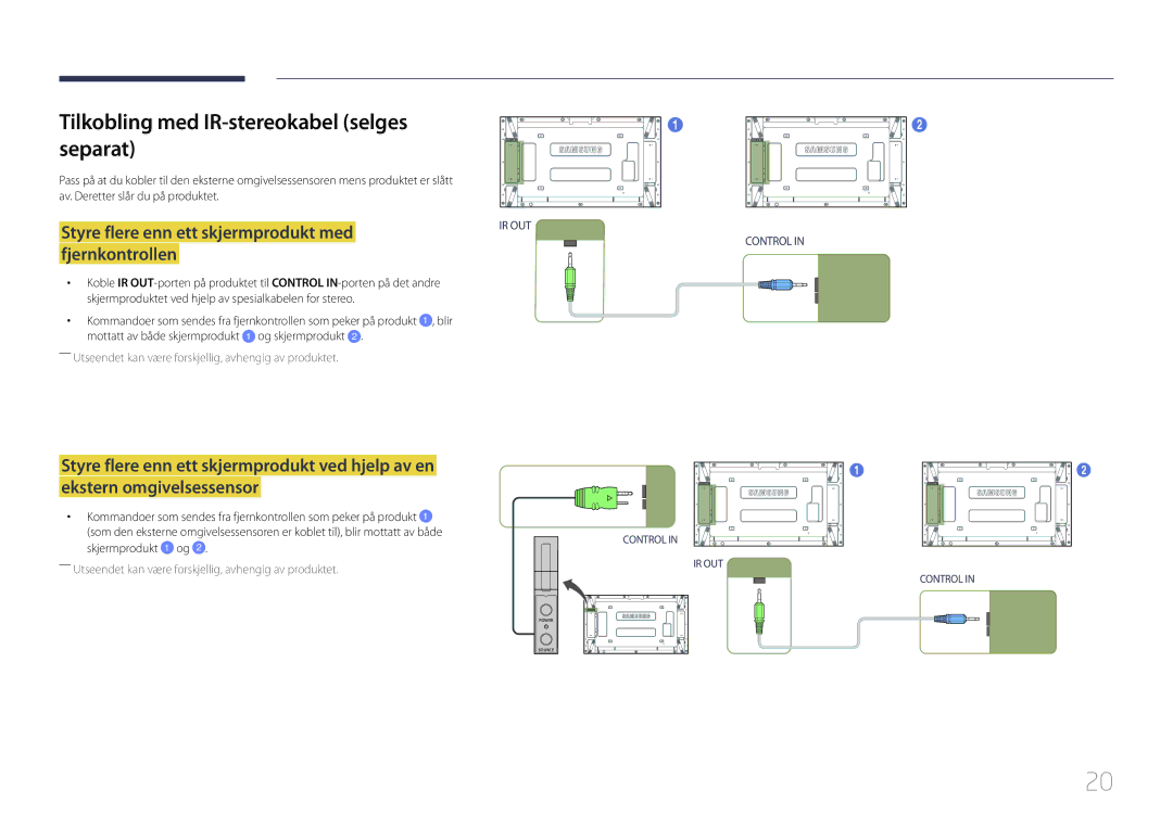 Samsung LH55UDEPLBB/EN Tilkobling med IR-stereokabel selges separat, Styre flere enn ett skjermprodukt med fjernkontrollen 