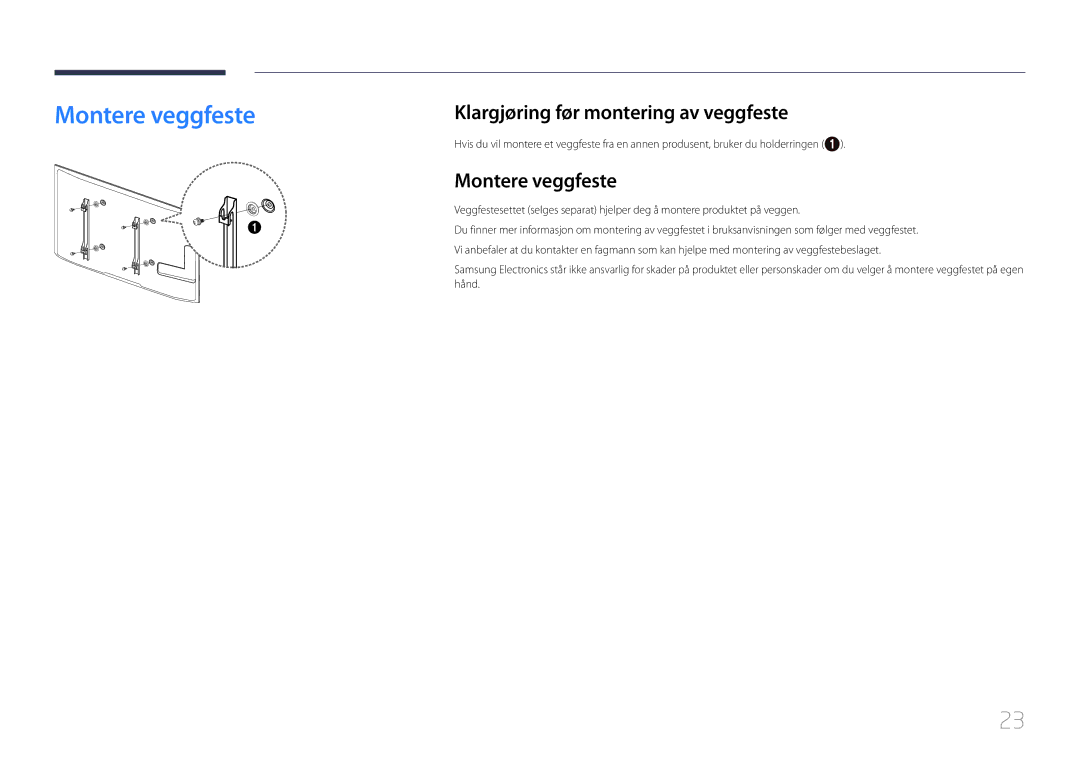 Samsung LH55UDEPLBB/EN manual Montere veggfeste, Klargjøring før montering av veggfeste 