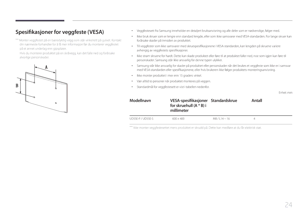 Samsung LH55UDEPLBB/EN manual Spesifikasjoner for veggfeste Vesa, Standardskrue Antall, Millimeter 