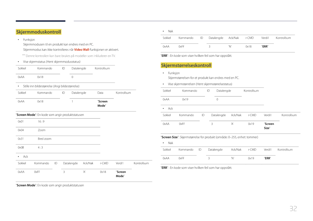 Samsung LH55UDEPLBB/EN manual Skjermmoduskontroll, Skjermstørrelseskontroll 