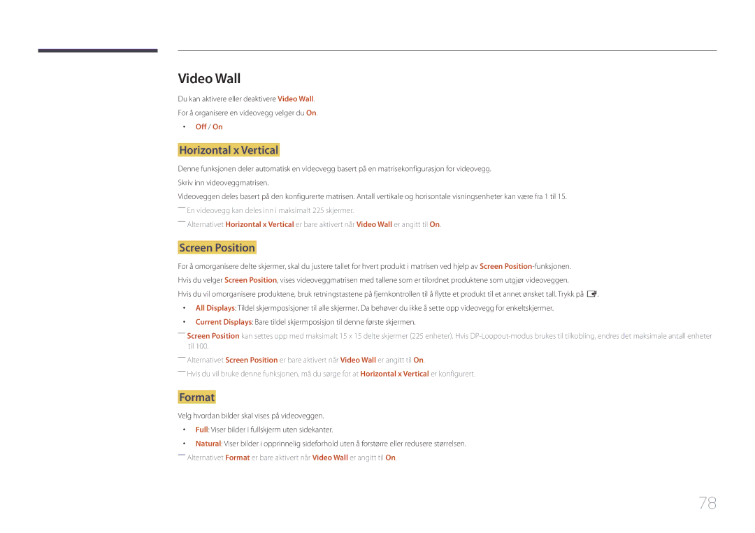 Samsung LH55UDEPLBB/EN manual Video Wall, Horizontal x Vertical, Screen Position, Format, Off / On 