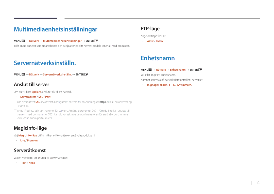 Samsung LH55UDEPLBB/EN manual Multimediaenhetsinställningar, Servernätverksinställn, Enhetsnamn, 114 