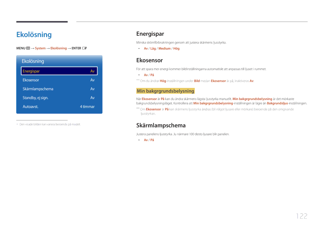 Samsung LH55UDEPLBB/EN manual Ekolösning, 122, Energispar, Ekosensor, Skärmlampschema 