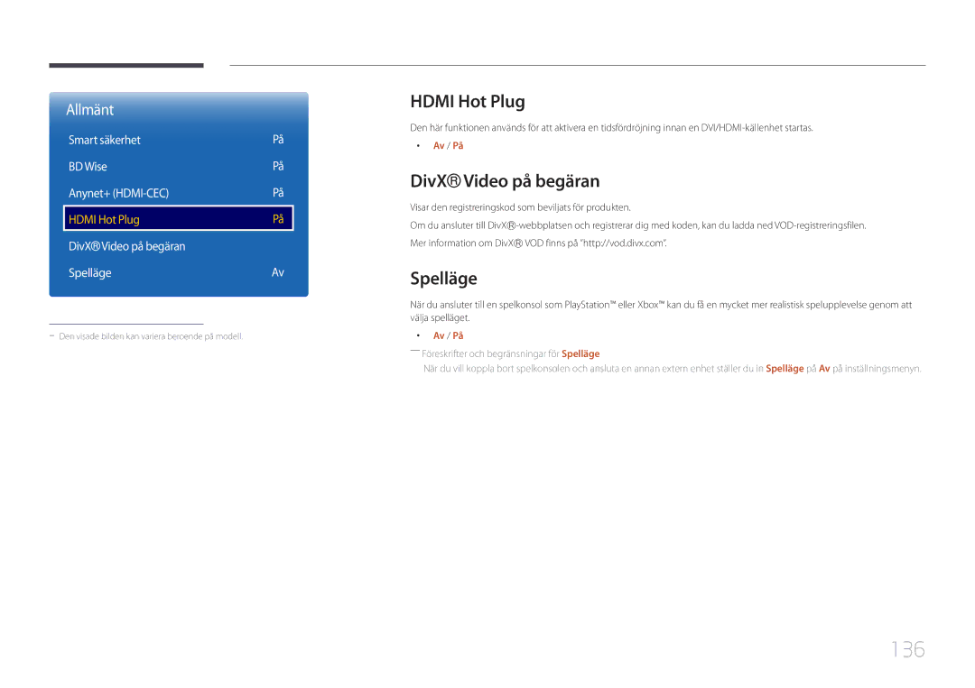 Samsung LH55UDEPLBB/EN manual 136, Hdmi Hot Plug, DivX Video på begäran, Spelläge 