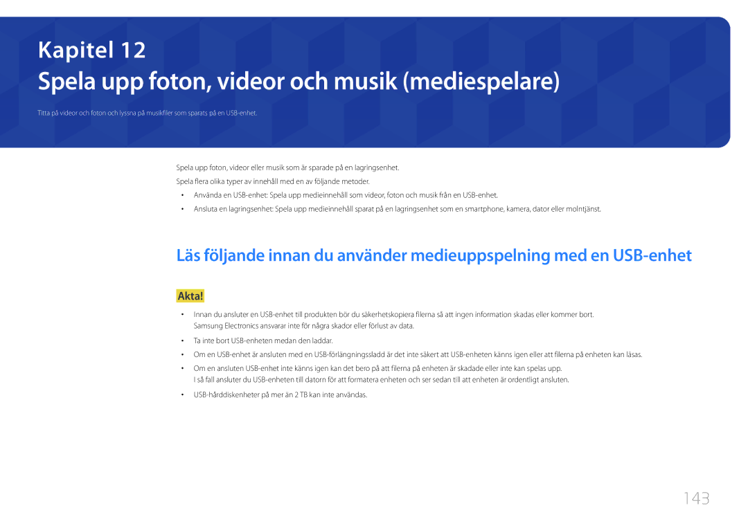 Samsung LH55UDEPLBB/EN manual Spela upp foton, videor och musik mediespelare, 143 