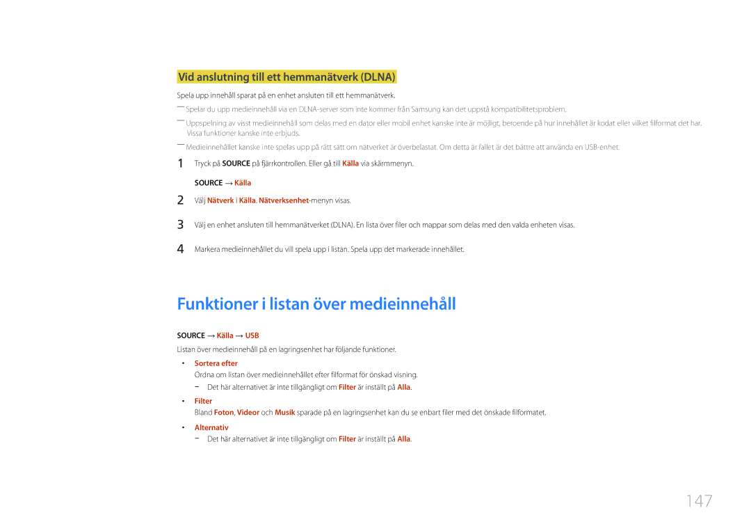 Samsung LH55UDEPLBB/EN Funktioner i listan över medieinnehåll, 147, Vid anslutning till ett hemmanätverk Dlna, Filter 