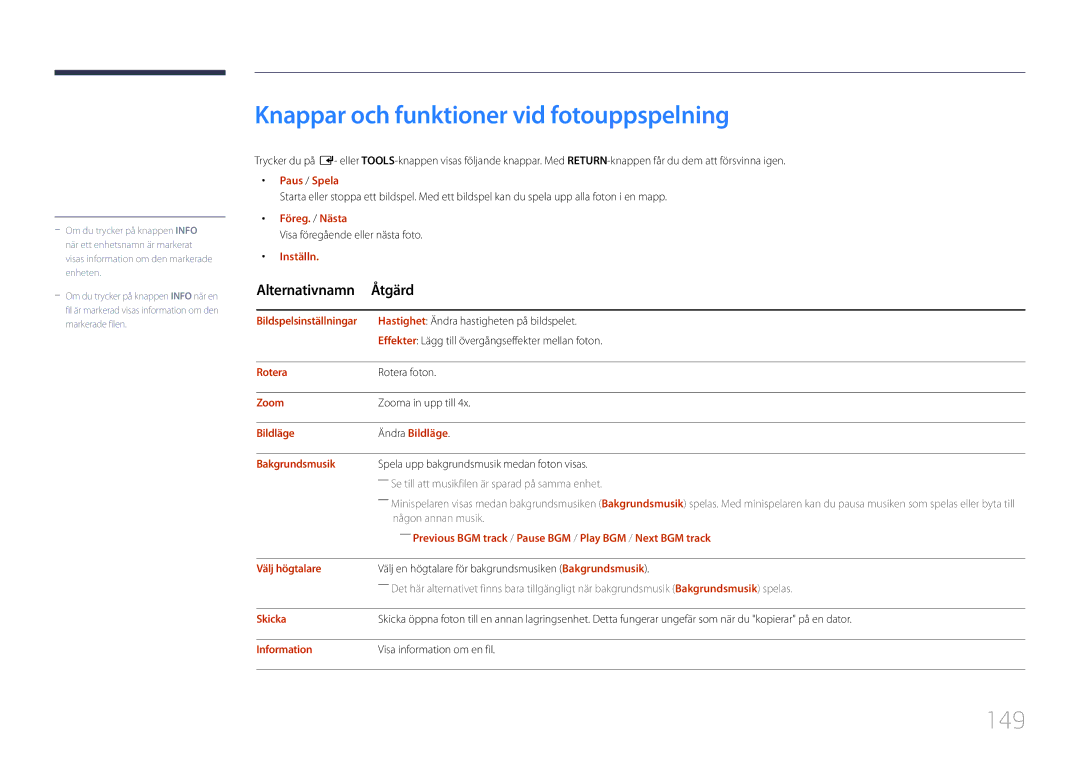 Samsung LH55UDEPLBB/EN manual Knappar och funktioner vid fotouppspelning, 149 