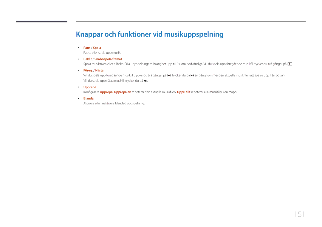 Samsung LH55UDEPLBB/EN manual Knappar och funktioner vid musikuppspelning, 151, Pausa eller spela upp musik, Blanda 