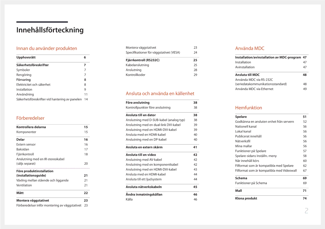 Samsung LH55UDEPLBB/EN manual Innehållsförteckning 