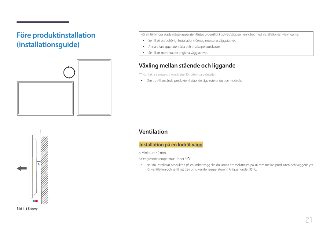 Samsung LH55UDEPLBB/EN Växling mellan stående och liggande, Ventilation, Installation på en lodrät vägg, Bild 1.1 Sidovy 