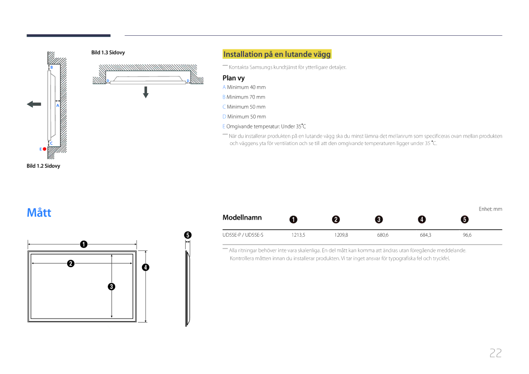 Samsung LH55UDEPLBB/EN Installation på en lutande vägg, Plan vy, Modellnamn, Bild 1.2 Sidovy Bild 1.3 Sidovy, Enhet mm 