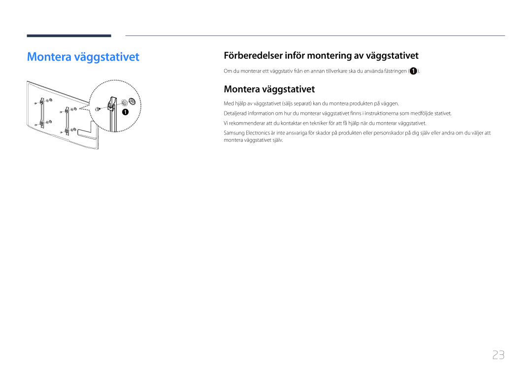 Samsung LH55UDEPLBB/EN manual Montera väggstativet, Förberedelser inför montering av väggstativet 