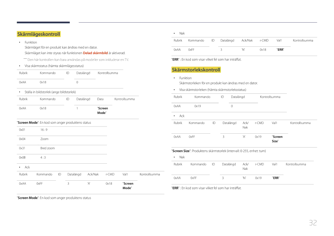 Samsung LH55UDEPLBB/EN manual Skärmlägeskontroll, Skärmstorlekskontroll 