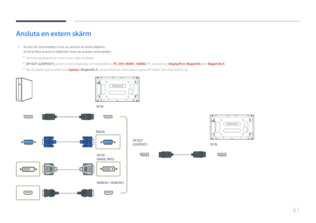 Samsung LH55UDEPLBB/EN manual Ansluta en extern skärm, Anslut inte strömsladden innan du ansluter de andra kablarna 