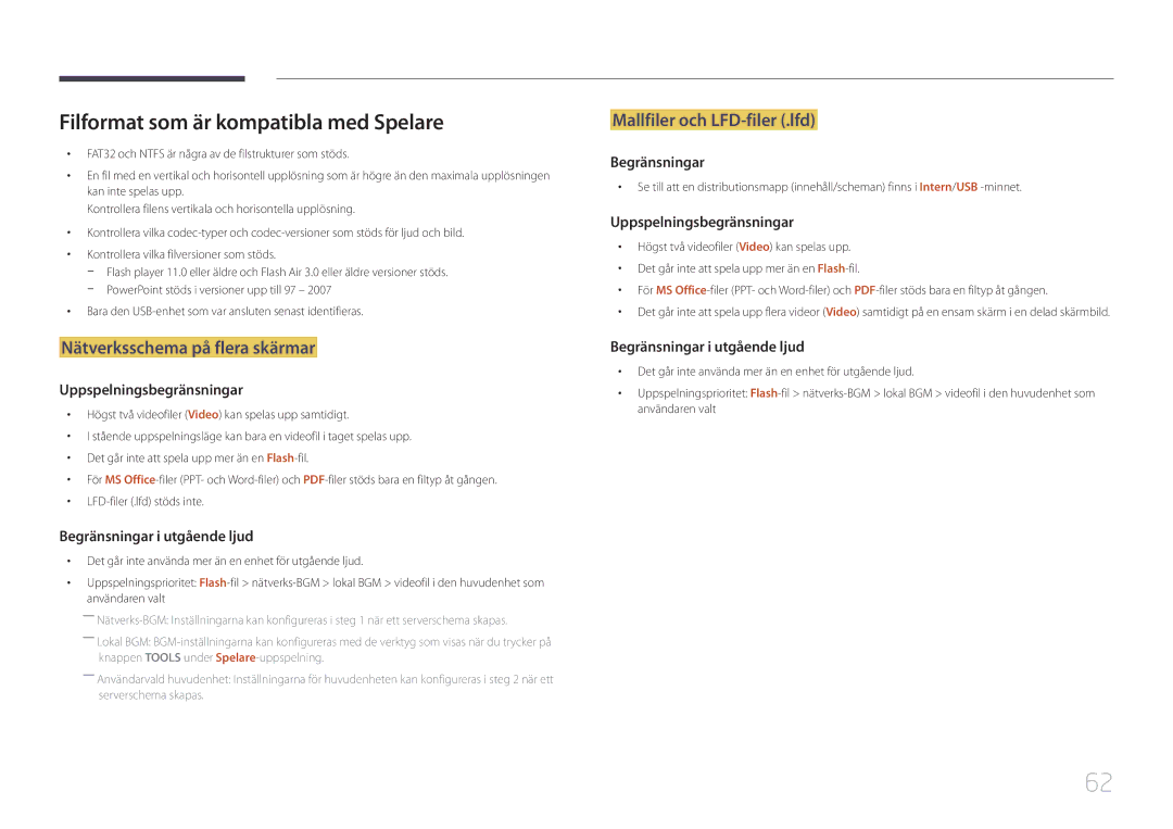 Samsung LH55UDEPLBB/EN manual Filformat som är kompatibla med Spelare, Nätverksschema på flera skärmar 